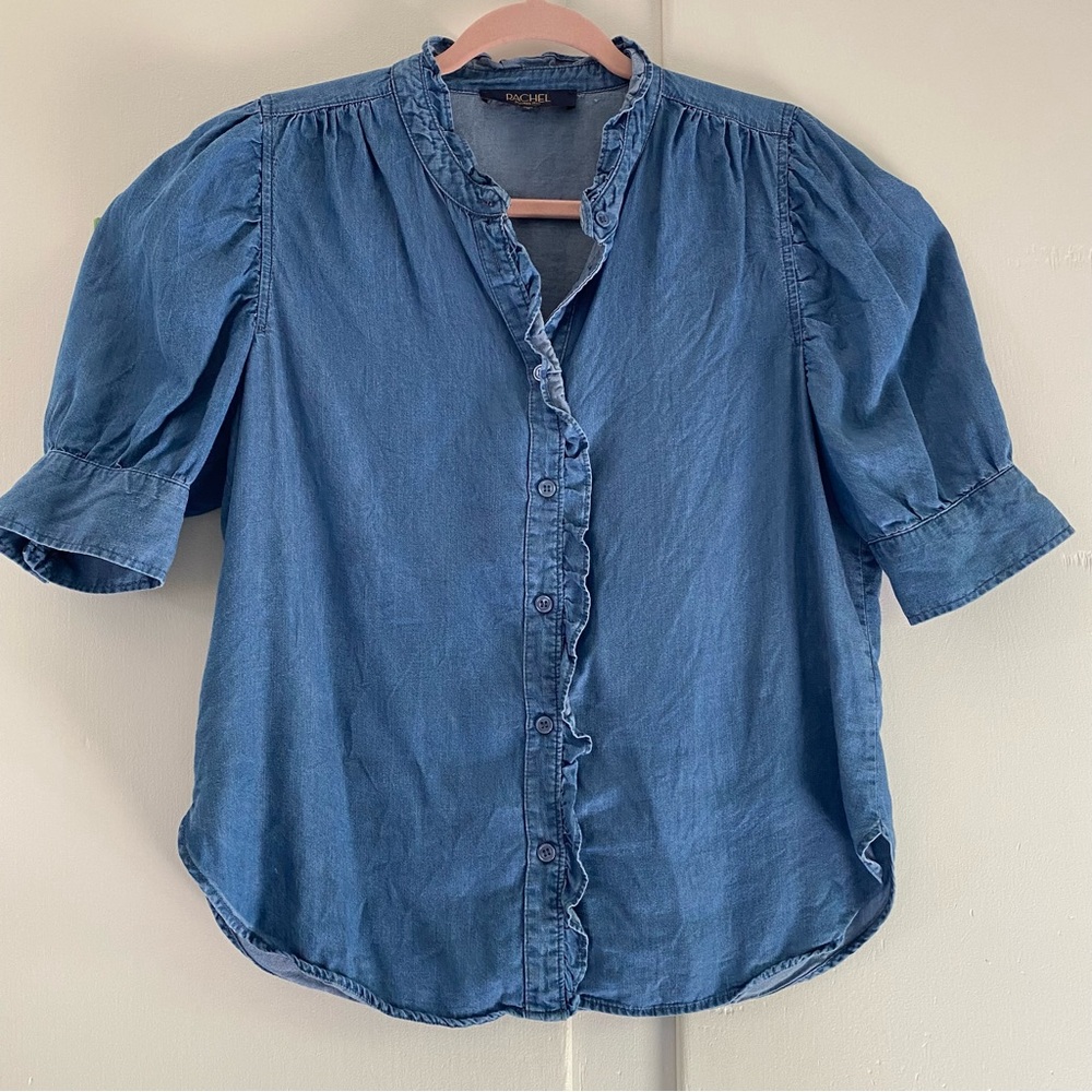 Rachel Chambray Puff Short Sleeve Ruffle-Trim Button Down Shirt Blue M